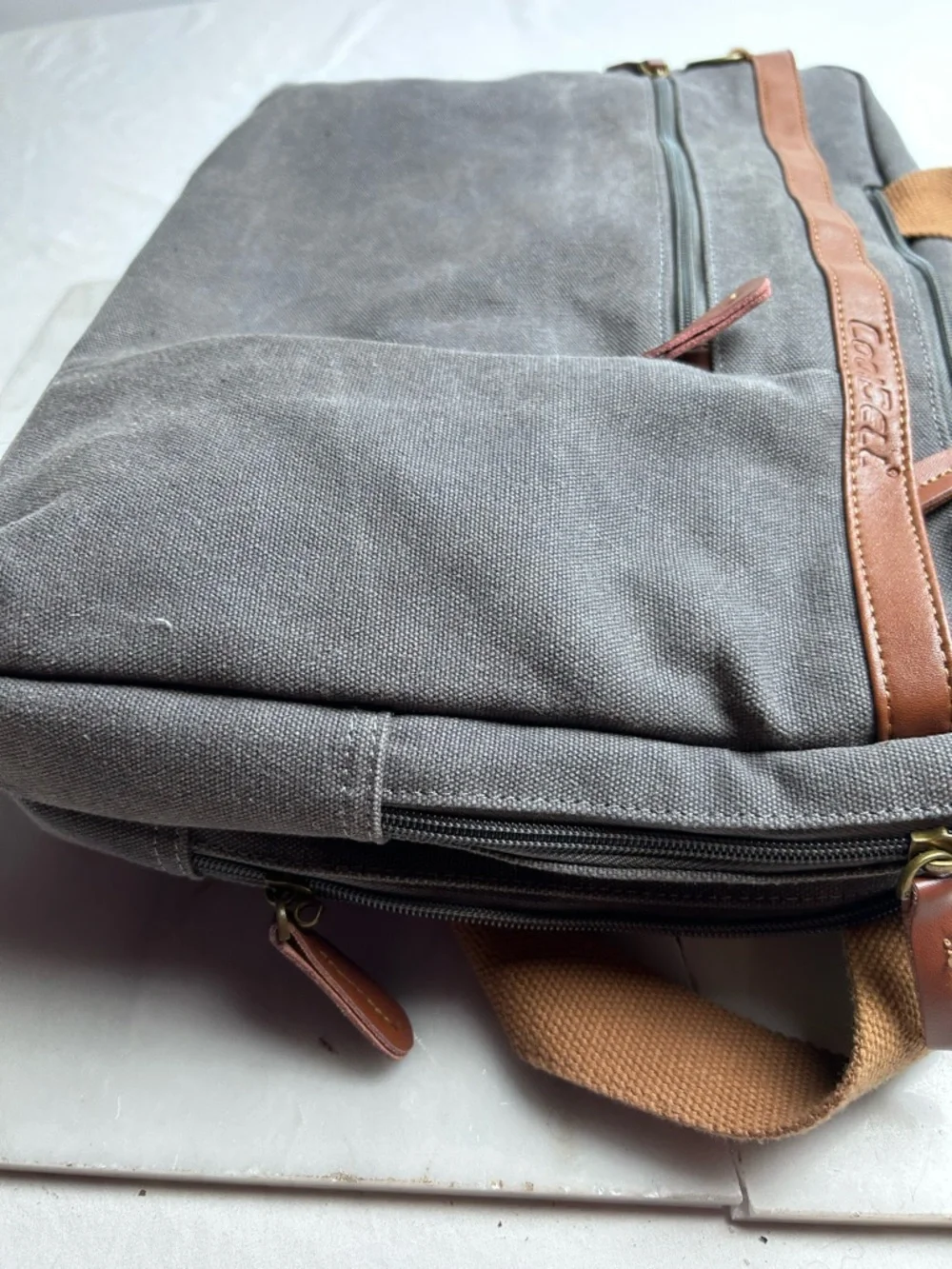 Coolbell Canvas Messenger Laptop Bag in Gray with Tan Accents